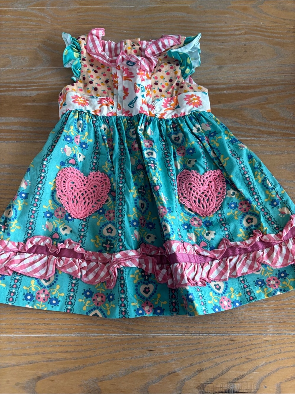 Matilda Jane Teal Floral Dress with Pink Crochet Hearts